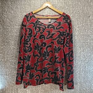 Chico's Women Red Black Long Sleeve Shimmery Top Polyester Size 3, XL Round Neck